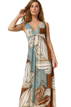 Roman Blue Abstract Leaf Print V Neck Maxi Dress