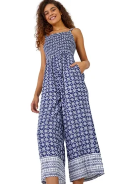 Roman Blue Border Print Culotte Jumpsuit