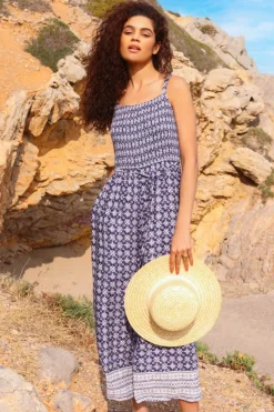 Roman Blue Border Print Culotte Jumpsuit