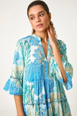 Roman Blue Embroidered Cotton Printed Frill Smock Dress