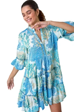 Roman Blue Embroidered Cotton Printed Frill Smock Dress