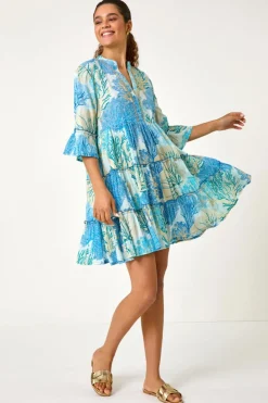 Roman Blue Embroidered Cotton Printed Frill Smock Dress