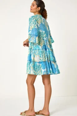 Roman Blue Embroidered Cotton Printed Frill Smock Dress