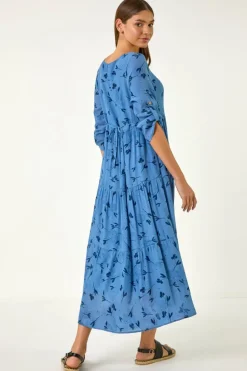 Roman Blue Floral Print Button Midi Dress