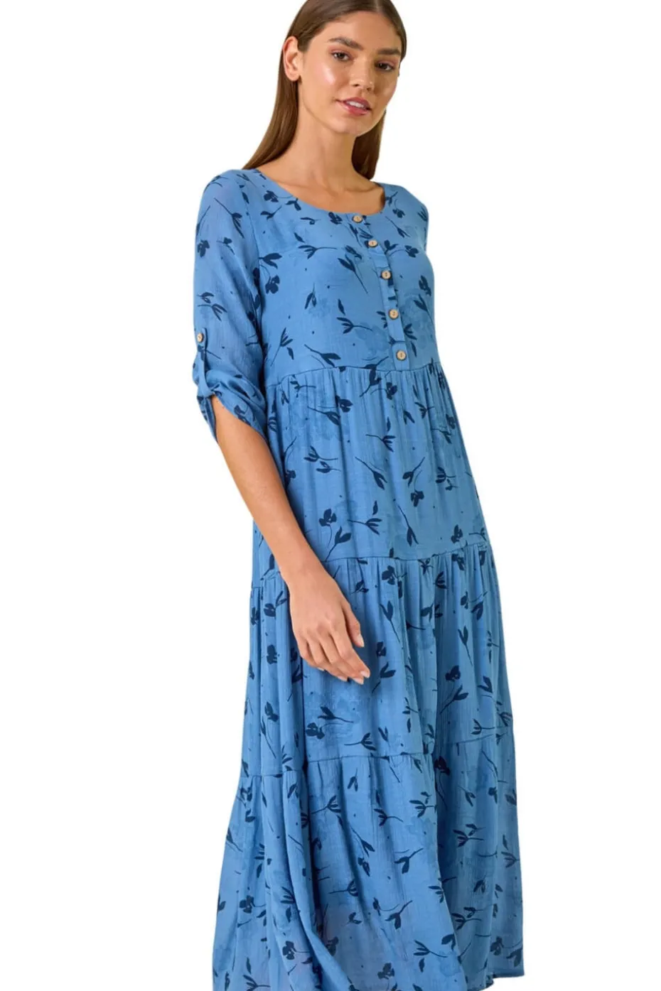Roman Blue Floral Print Button Midi Dress