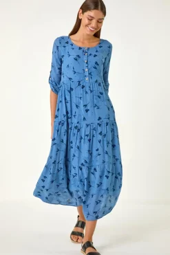 Roman Blue Floral Print Button Midi Dress