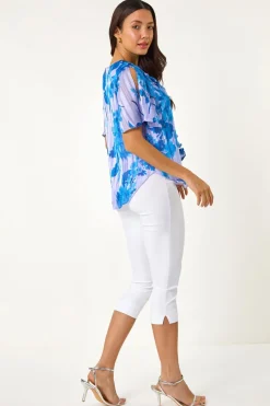 Roman Blue Floral Print Ruffle Top