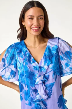 Roman Blue Floral Print Ruffle Top