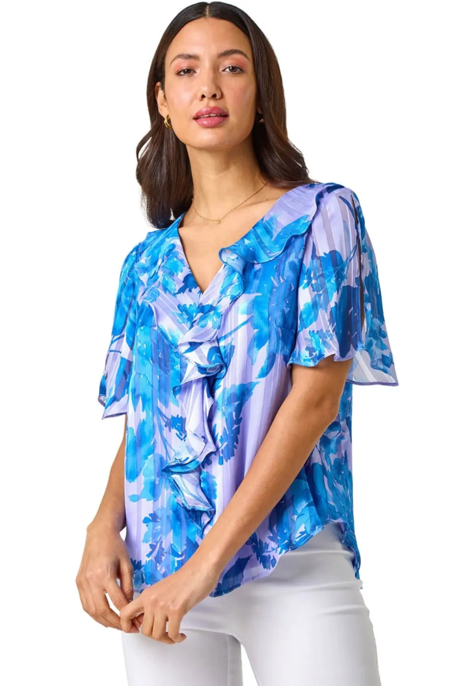 Roman Blue Floral Print Ruffle Top