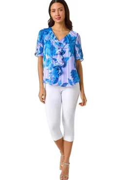 Roman Blue Floral Print Ruffle Top