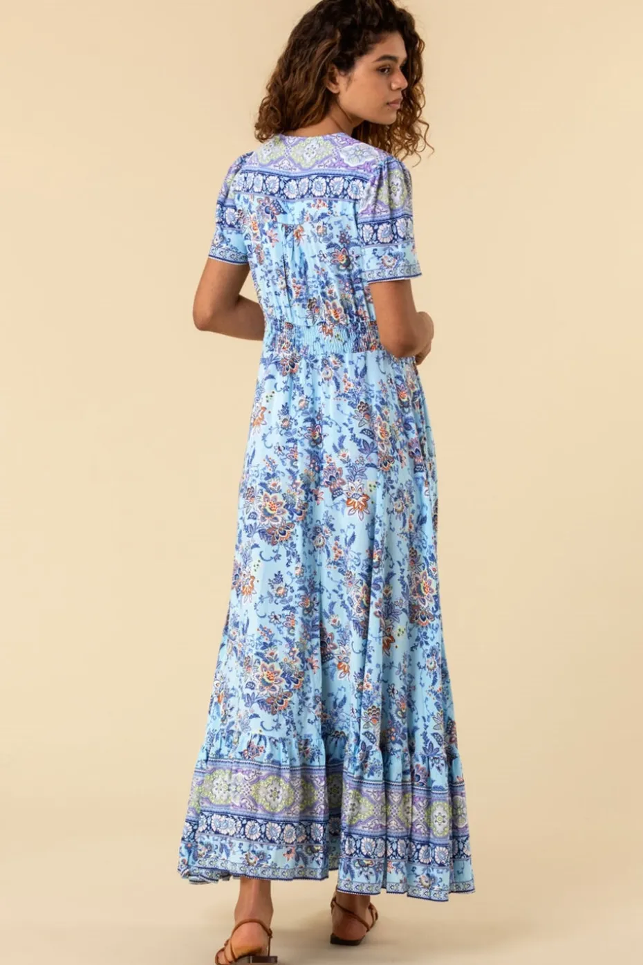 Roman Blue Floral Print Shirred Waist Maxi Dress