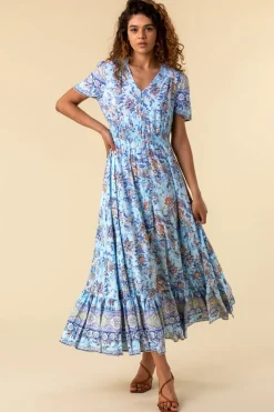 Roman Blue Floral Print Shirred Waist Maxi Dress