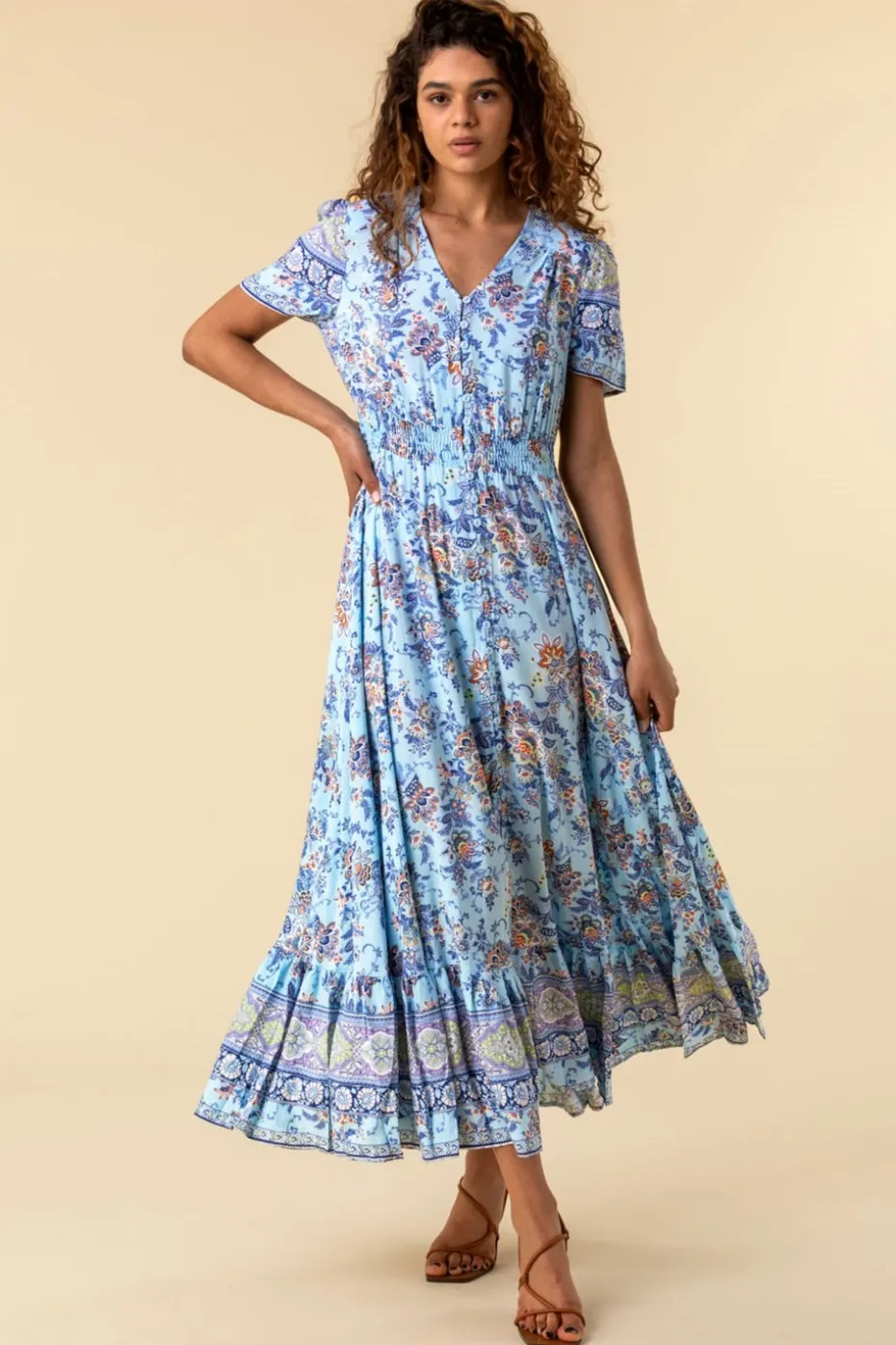 Roman Blue Floral Print Shirred Waist Maxi Dress