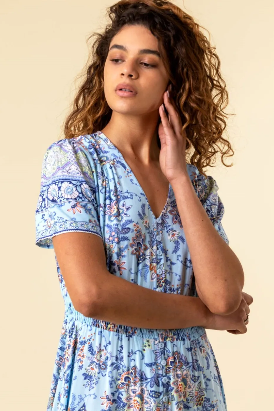 Roman Blue Floral Print Shirred Waist Maxi Dress