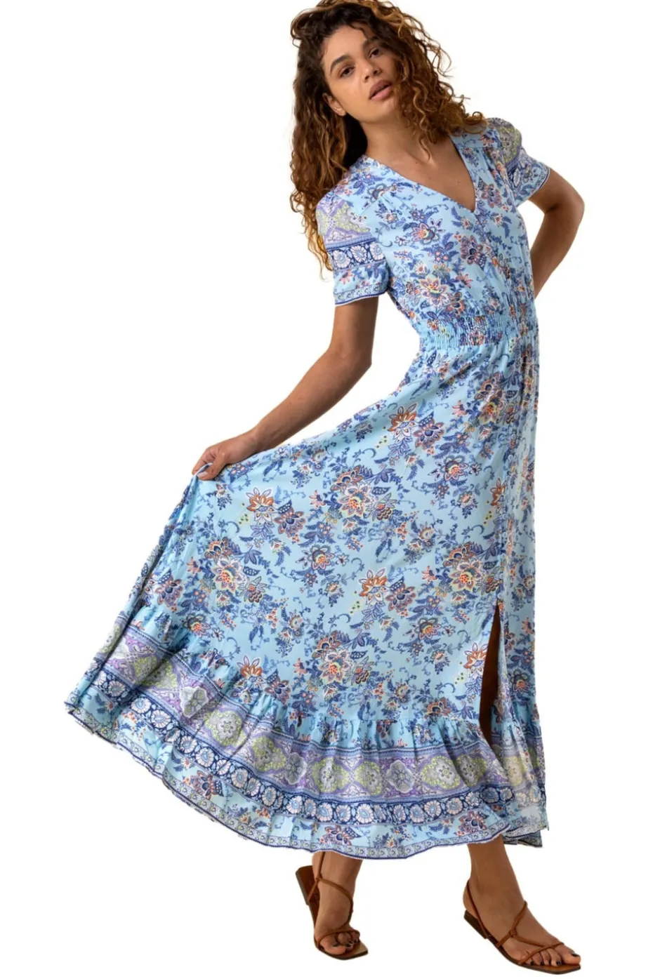 Roman Blue Floral Print Shirred Waist Maxi Dress