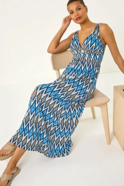 Roman Blue Geometric V-Neck Maxi Dress