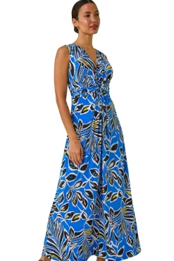 Roman Blue Leaf Puff Print Maxi Dress