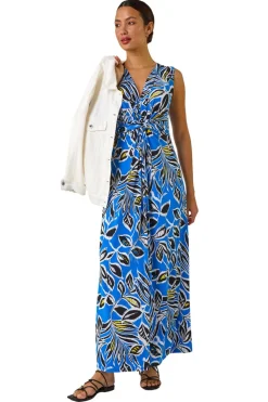 Roman Blue Leaf Puff Print Maxi Dress
