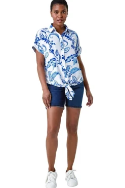 Roman Blue Paisley Leaf Print Tie Front Top