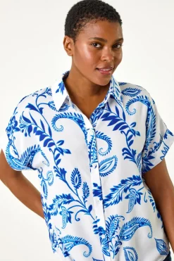 Roman Blue Paisley Leaf Print Tie Front Top