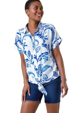 Roman Blue Paisley Leaf Print Tie Front Top
