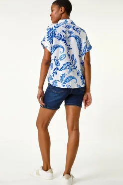 Roman Blue Paisley Leaf Print Tie Front Top