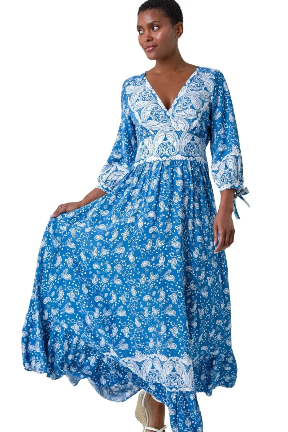 Roman Blue Paisley Print Frill Hem Maxi Dress