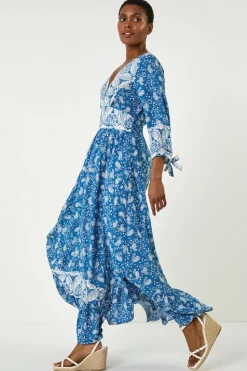 Roman Blue Paisley Print Frill Hem Maxi Dress