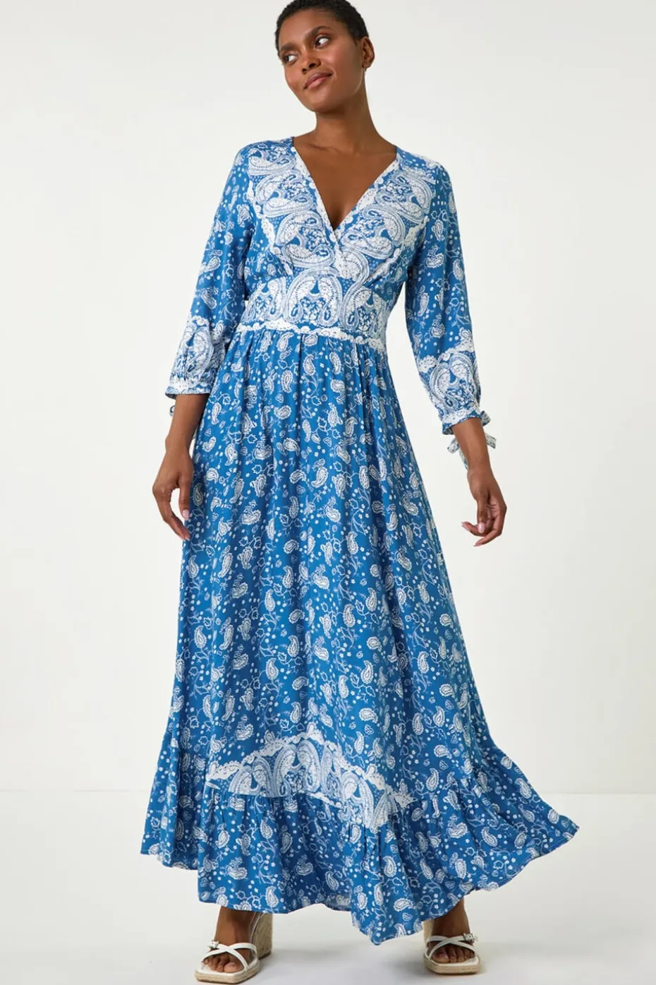 Roman Blue Paisley Print Frill Hem Maxi Dress