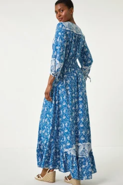 Roman Blue Paisley Print Frill Hem Maxi Dress