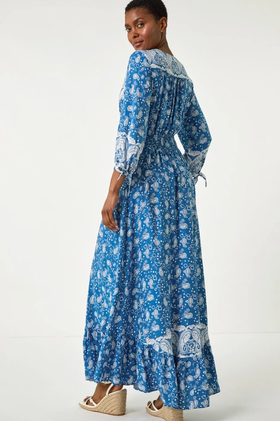 Roman Blue Paisley Print Frill Hem Maxi Dress
