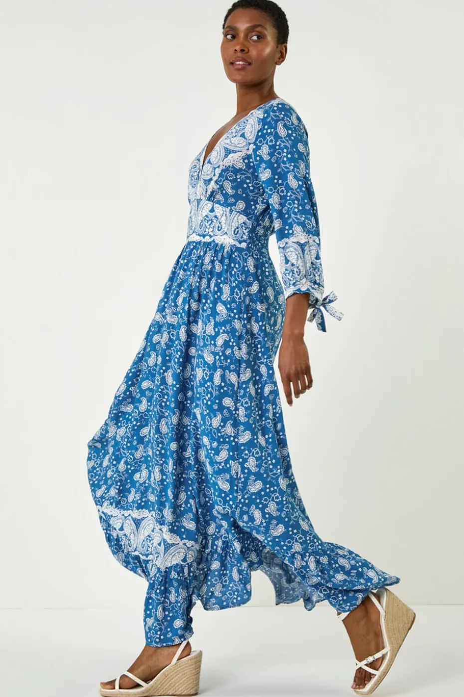 Roman Blue Paisley Print Frill Hem Maxi Dress