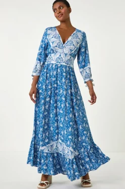 Roman Blue Paisley Print Frill Hem Maxi Dress