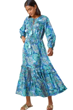 Roman Blue Paisley Print Tassel Frill Hem Maxi Dress