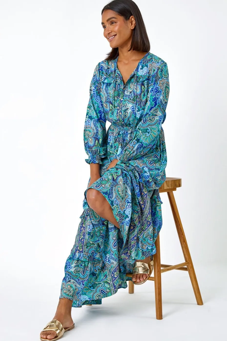 Roman Blue Paisley Print Tassel Frill Hem Maxi Dress