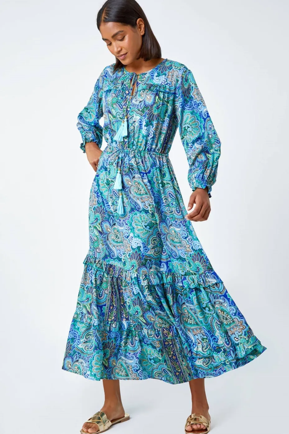 Roman Blue Paisley Print Tassel Frill Hem Maxi Dress