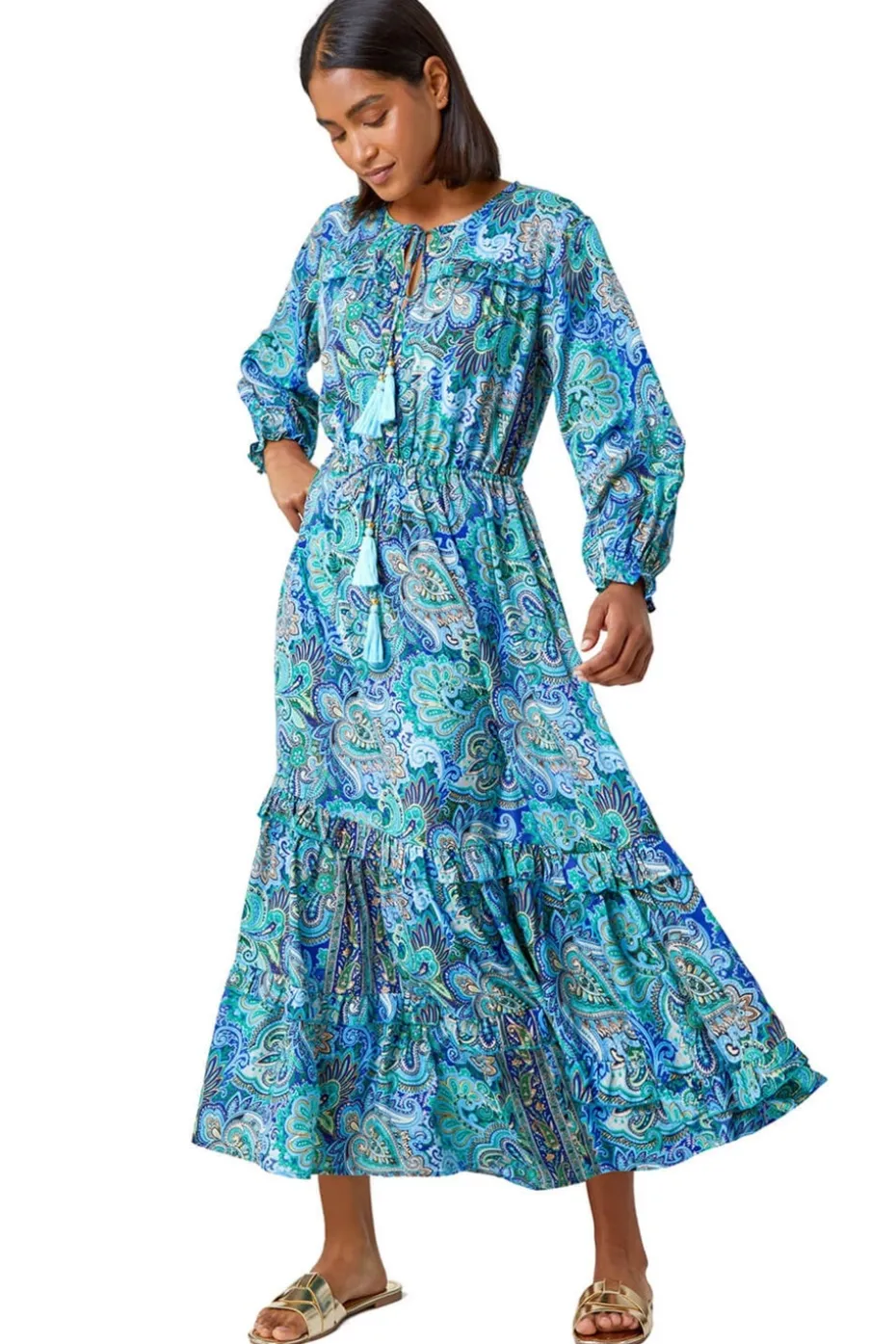 Roman Blue Paisley Print Tassel Frill Hem Maxi Dress