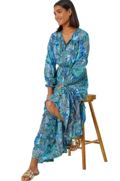 Roman Blue Paisley Print Tassel Frill Hem Maxi Dress
