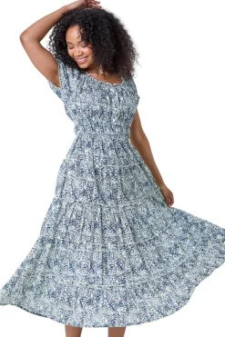 Roman Blue Petite Abstract Puff Sleeve Cotton Dress