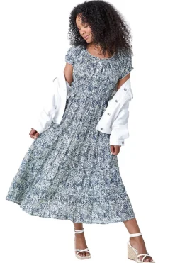 Roman Blue Petite Abstract Puff Sleeve Cotton Dress