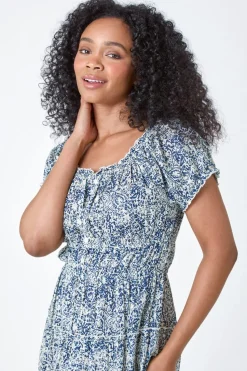 Roman Blue Petite Abstract Puff Sleeve Cotton Dress