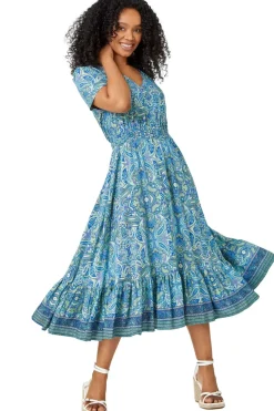 Roman Blue Petite Paisley Print Frill Hem Midi Dress