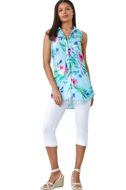 Roman Blue Tropical Floral Sleeveless Button Blouse