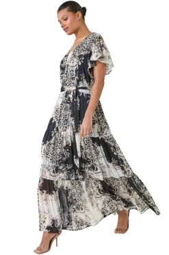 Roman Brown Animal Print Shimmer Tiered Maxi Dress