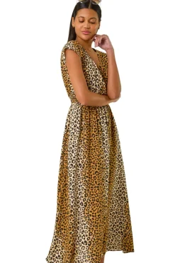 Roman Camel Animal Print Shirred Waist Maxi Dress