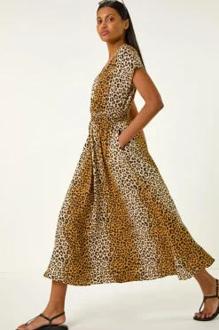 Roman Camel Animal Print Shirred Waist Maxi Dress