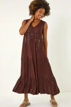 Roman Chocolate Sequin Tiered Maxi Dress
