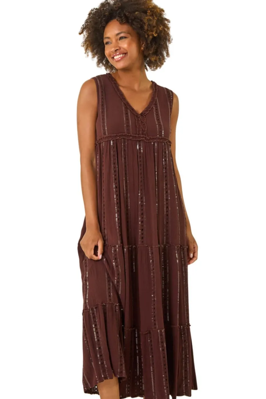 Roman Chocolate Sequin Tiered Maxi Dress