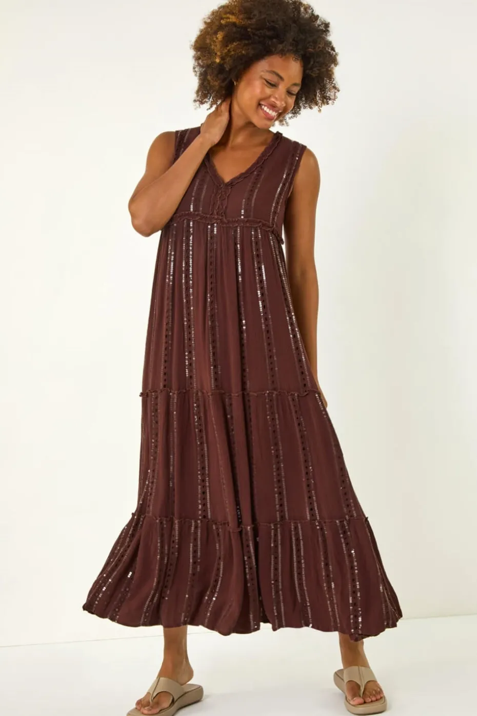 Roman Chocolate Sequin Tiered Maxi Dress