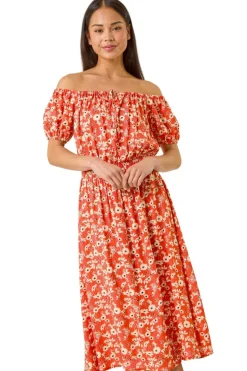 Roman Coral Petite Ditsy Bardot Midi Dress